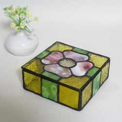 ステンドグラスインテリア小物 ステンドグラス 黄色いふた付き小物入れ その他インテリア雑貨