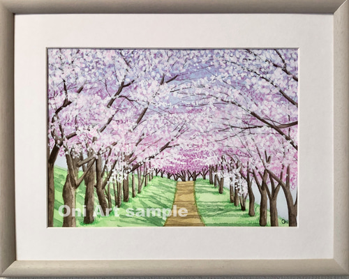 透明水彩画 原画 「桜咲く並木道」額縁付 F4サイズ 風景画
