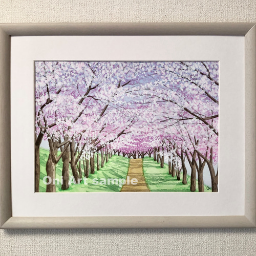桜咲く並木道」透明水彩画 原画 風景画 額縁付 F4サイズ 絵画 桜咲く並木道」透明水彩画 原画 風景画 額縁付 F4サイズ 絵画