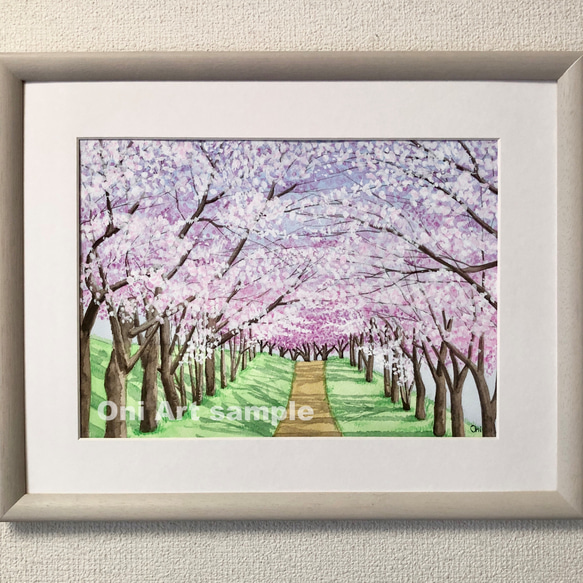 売れ筋ランキングも掲載中！ 桜咲く並木道」透明水彩画 原画 風景画 額縁付 F4サイズ 絵画 絵画