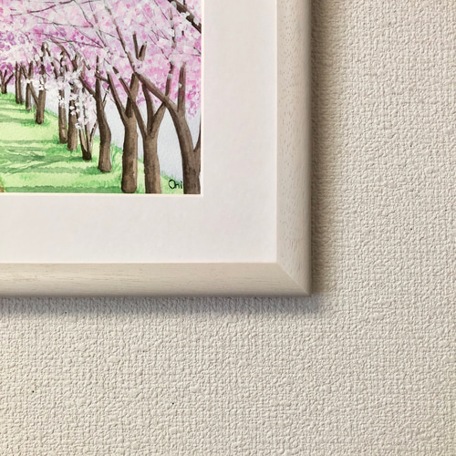 桜咲く並木道」透明水彩画 原画 風景画 額縁付 F4サイズ 絵画 桜咲く並木道」透明水彩画 原画 風景画 額縁付 F4サイズ 絵画