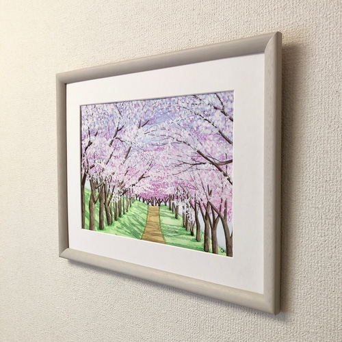 桜咲く並木道」透明水彩画 原画 風景画 額縁付 F4サイズ 絵画