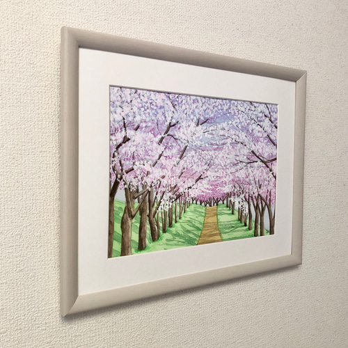 桜咲く並木道」透明水彩画 原画 風景画 額縁付 F4サイズ 絵画