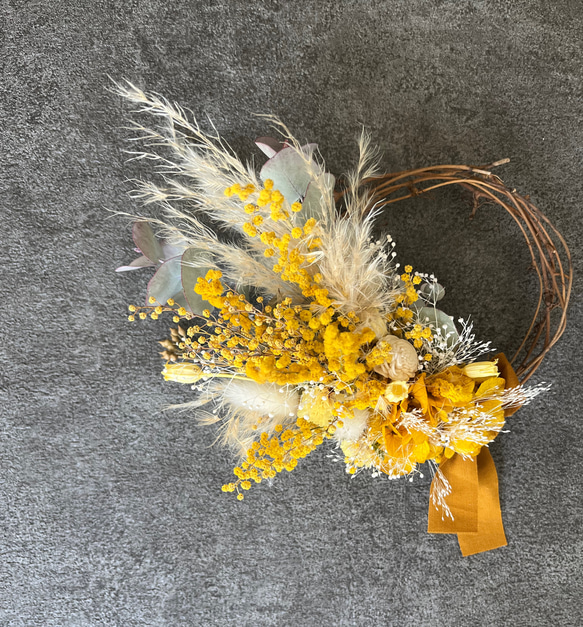 ミモザとユーカリのリース yellow×white ドライフラワー ハーフリース  