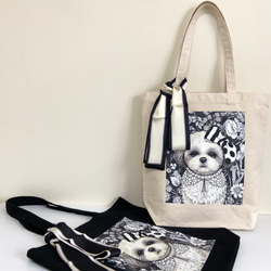 オリジナル シーズー トートバッグ 手描きイラスト複製  鞄 ツイリー スカーフ 付 犬 ブラック 黒 6枚目の画像