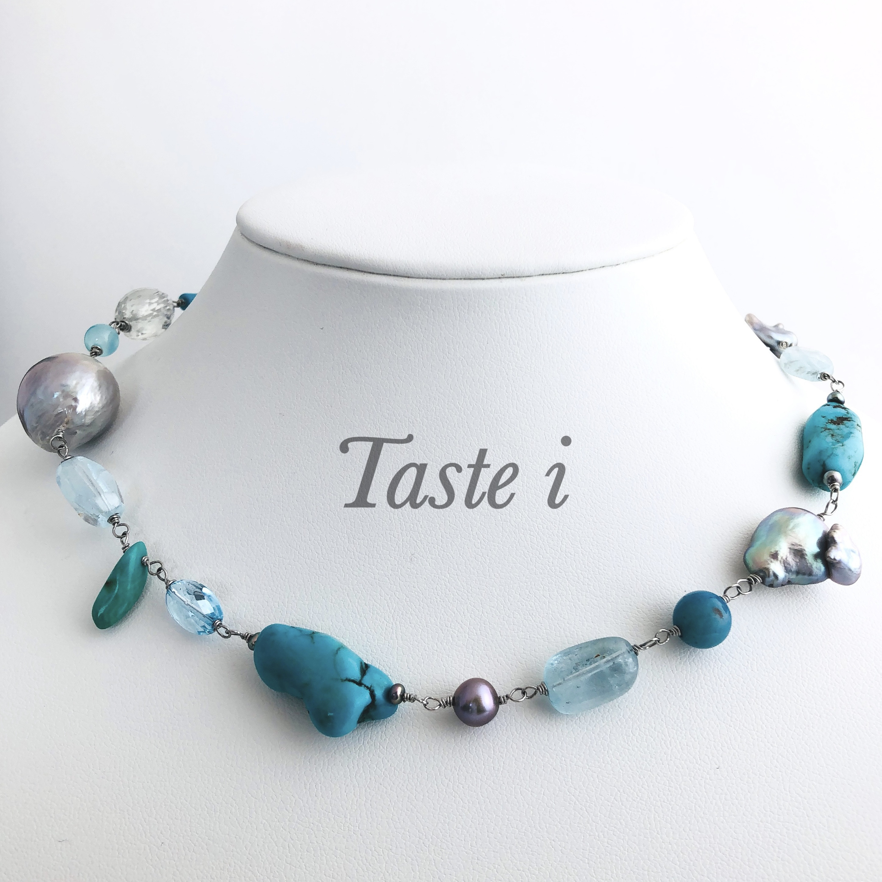 ♪限定1点♪【大人テイスト】水色系の天然石と淡水パールのネックレス〔20161〕