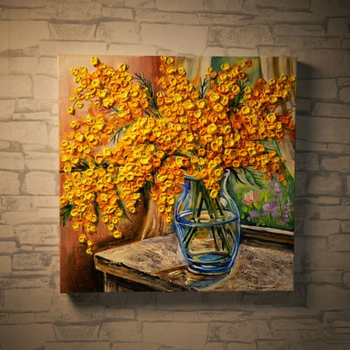 原画】【幸運を運ぶミモザ】： 玄関やリビングに飾る癒やしの花・油絵