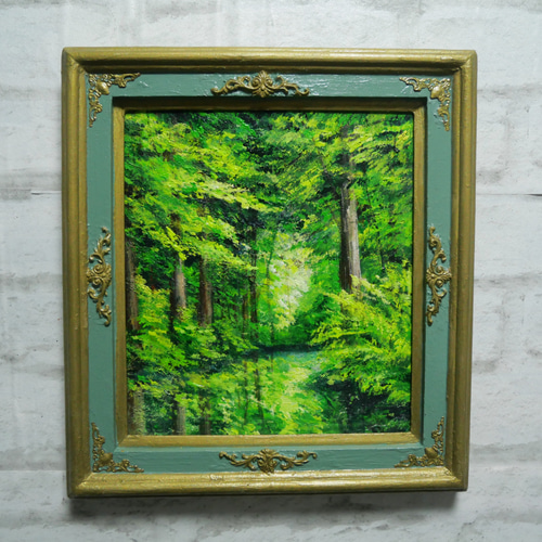 油絵【光織りなす翡翠の森】 新緑 初夏 森 風景画 絵画 額縁付き