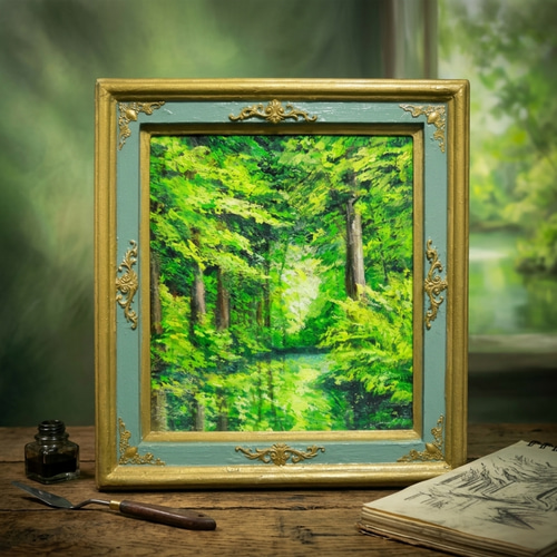 油絵【光織りなす翡翠の森】 新緑 初夏 森 風景画 絵画 額縁付き