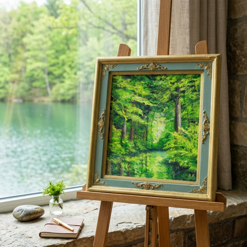 油絵【光織りなす翡翠の森】 新緑 初夏 森 風景画 絵画 額縁付き