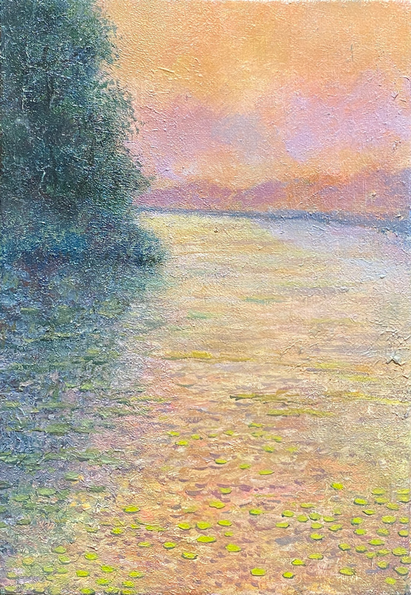 「軽井沢レイクガーデンにて、夕暮れと睡蓮」/油絵/風景画/SM 1枚目の画像