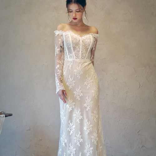 レース袖 ソフト オフショルダー マーメイドウエディングドレス ドレス