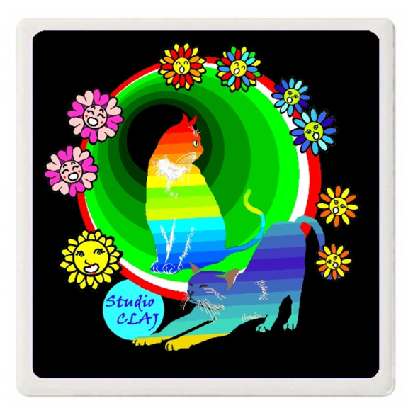 魔法の森の夜に花とくつろぐ虹猫：白雲石コースター 1枚目の画像