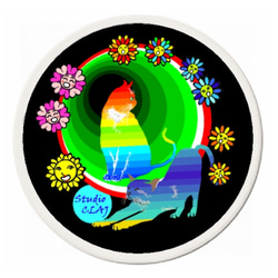 魔法の森の夜に花とくつろぐ虹猫：白雲石コースター 2枚目の画像