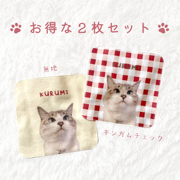 うちの子ハンカチ ミニタオル  写真 名入れ 2枚セット 20×20cm ギンガムチェック ペット 犬 猫 今治タオル 2枚目の画像