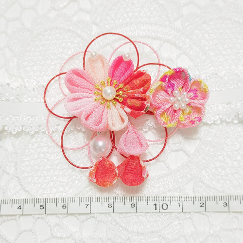 ベビーヘアバンド 和-153 ハンドメイド 水引 つまみ細工 ちりめん細工 キッズ 浴衣 ベビー 和 つまみ細工 2点セット つや玉 一越ちりめん