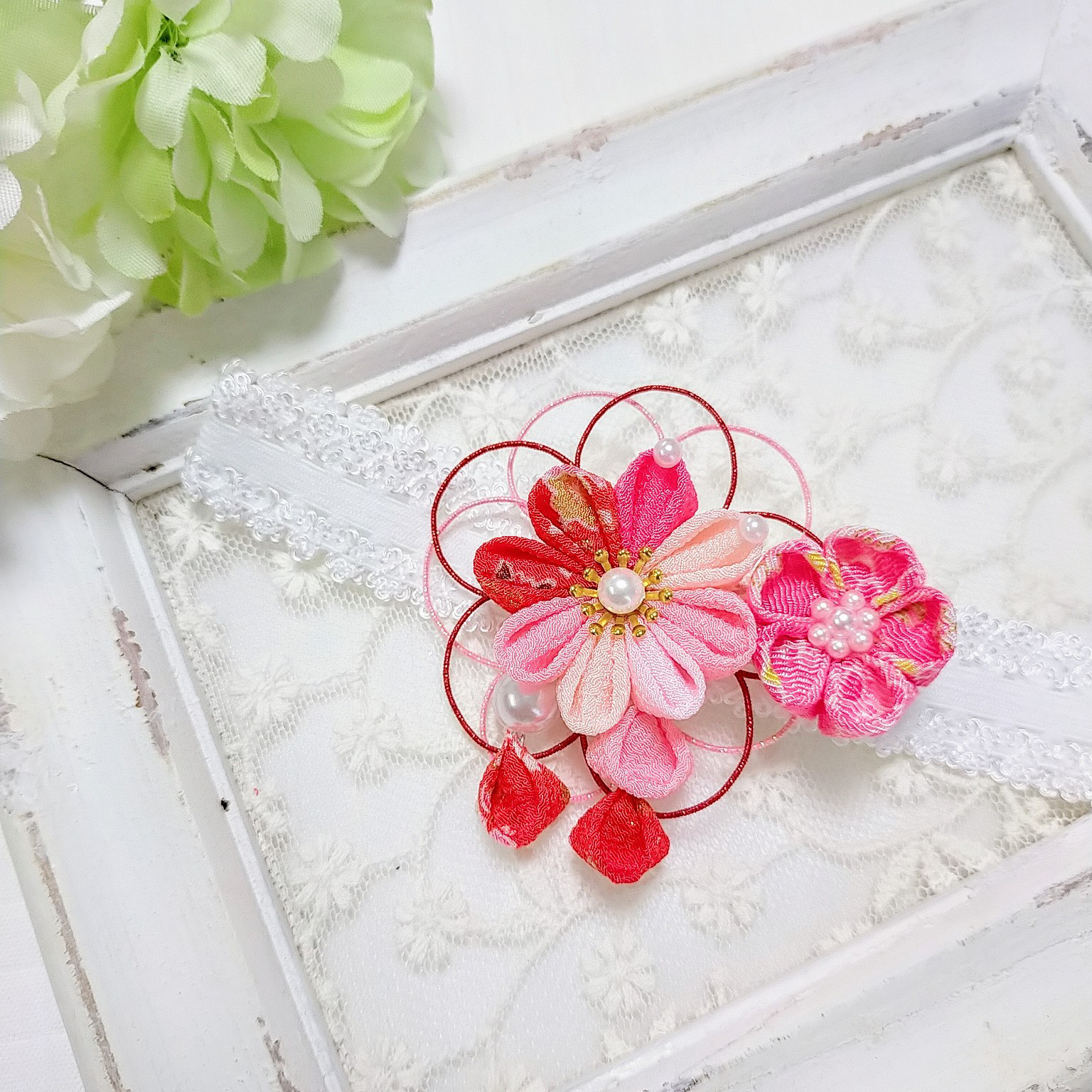 ハンドメイド 水引 和-153 つまみ細工 ちりめん細工 ベビーヘアバンド