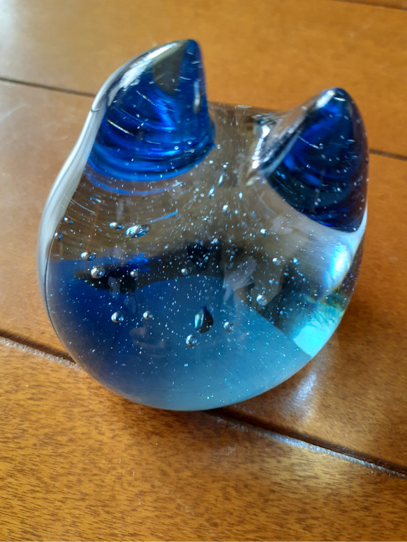 ガラス青猫さんリング仮おき、ペーパーウェイト 4枚目の画像
