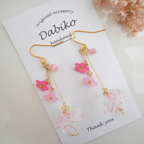 K16美しい桜の花アンブレラの上品ピアス/イヤリング♡春・花・フラワー