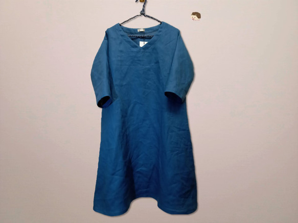 リネン◇魔女ワンピ　七分袖◇ブルー◇フリーサイズ（リネン100％、ワンピース） 1枚目の画像
