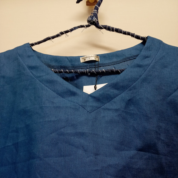 リネン◇魔女ワンピ　七分袖◇ブルー◇フリーサイズ（リネン100％、ワンピース） 2枚目の画像