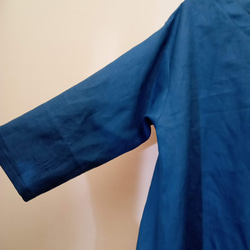 リネン◇魔女ワンピ　七分袖◇ブルー◇フリーサイズ（リネン100％、ワンピース） 4枚目の画像