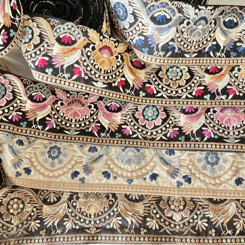 50cm インド刺繍リボン シルク 鳥柄 #ws16 リボン・テープ La grace