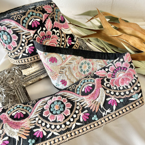 50cm インド刺繍リボン シルク 鳥柄 #ws16 リボン・テープ La