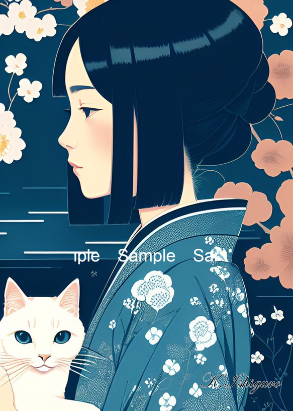 猫と女性(昭和レトロ風イラスト)A4額付き　№s-1011 1枚目の画像