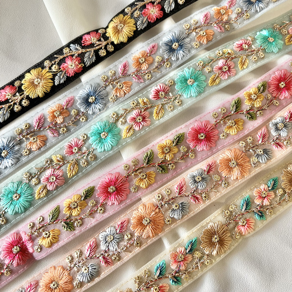 30cm  インド刺繍リボン  チュール  花柄 2枚目の画像