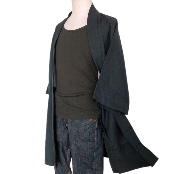 着物リメイク 男性羽織  ハーフ 紺 単衣 和装 作務衣羽織 カーディガン メンズ 無地 フリーサイズ  （5328） 2枚目の画像