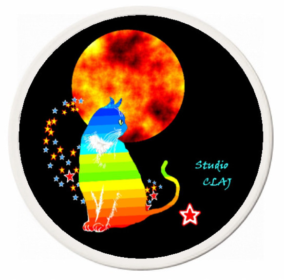 赤い満月の夜の虹猫ピーマン：白雲石コースター 2枚目の画像