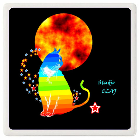 赤い満月の夜の虹猫ピーマン：白雲石コースター 1枚目の画像
