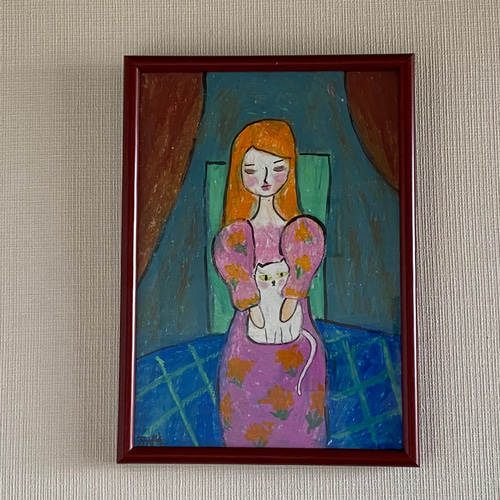 絵画。壁掛け絵原画手描き【ピンクのスカートを着て白い猫を抱い