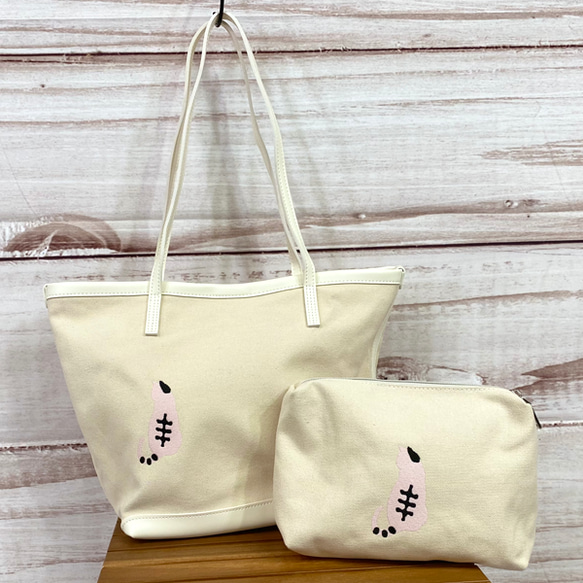 猫ワンポイント刺繍 配色フェイクレザーキャンバストートバッグ&ポーチ 