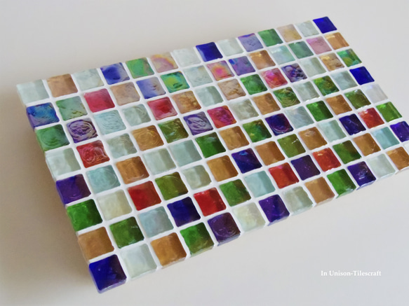 【Y様オーダー品・サイズ変更】カラフルMix 脚付 ガラスモザイクタイルのディスプレイトレイ 飾り棚 10枚目の画像