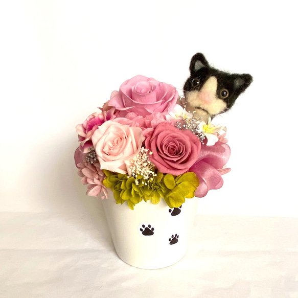 ちょこんと顔出す　白黒猫ちゃん（右側）＆　プリザーブドフラワー（くすみピンク色系）/　羊毛フェルト　マンチカン　母の日　 2枚目の画像