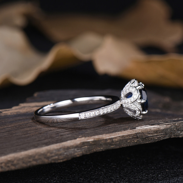 ユニークな 9 月の誕生石ブルーサファイア婚約指輪ハーフエタニティモアッサナイトローズフラワーリングジュエリーギフト 3枚目の画像
