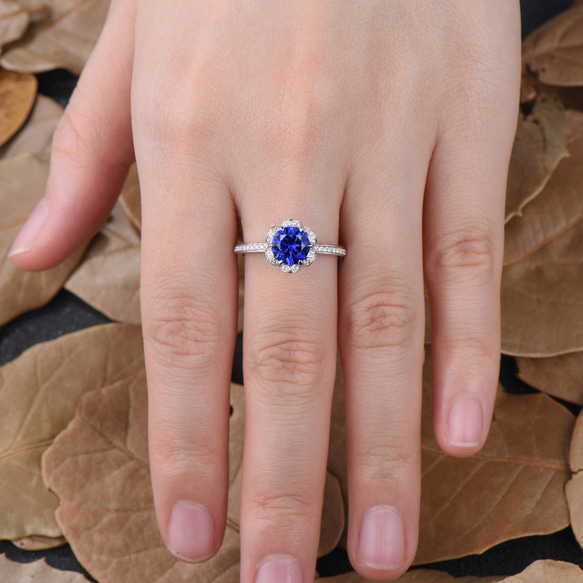 ユニークな 9 月の誕生石ブルーサファイア婚約指輪ハーフエタニティモアッサナイトローズフラワーリングジュエリーギフト 6枚目の画像