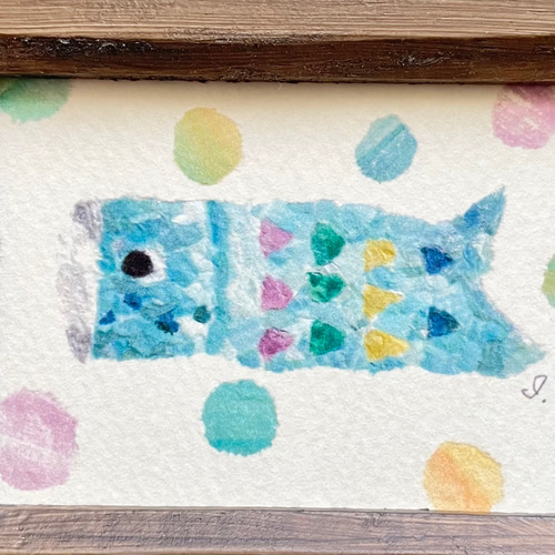 透明水彩画 ミニ額「ブルー鯉のぼり(ちぎり絵)」北欧イラスト 端午の