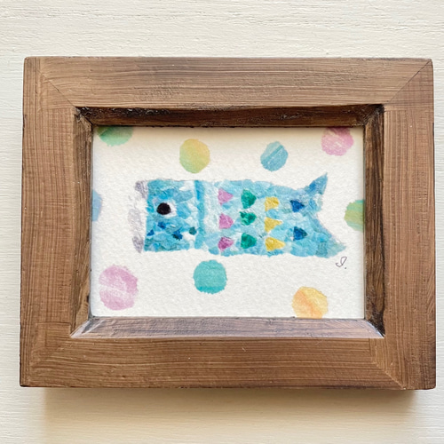 透明水彩画 ミニ額「ブルー鯉のぼり(ちぎり絵)」北欧イラスト 端午の