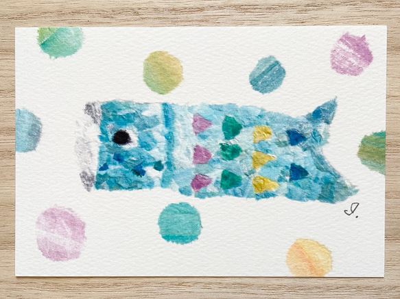 透明水彩画　3枚セット「ブルー鯉のぼり(ちぎり絵)」北欧イラスト　ポストカード　端午の節句　五月人形　子どもの日　初節句 2枚目の画像
