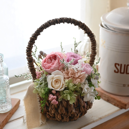 HANDMADE プリザーブドフラワー アレンジメント 花籠 薔薇 華モーヴバスケット＊あふれる花籠アレンジメント プリザーブド