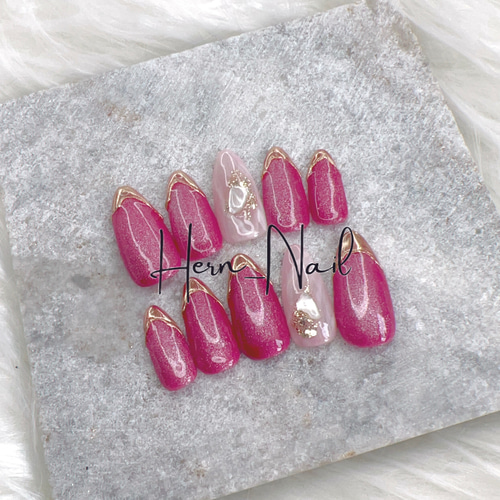 チップ種類、カラー変更可能》マグネットガラスフレンチピンクネイル  