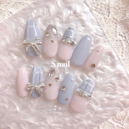 ネイルチップ 水色 青 リボン チェック ストーン ガーリー ネイル  