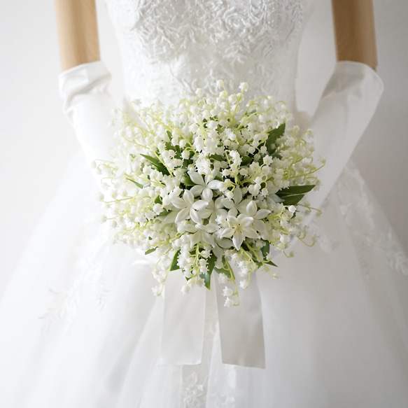 すずらんとジャスミンのウェディングブーケ&ブートニア　鈴蘭　スズラン　造花ブーケ　結婚式　ナチュラル 
