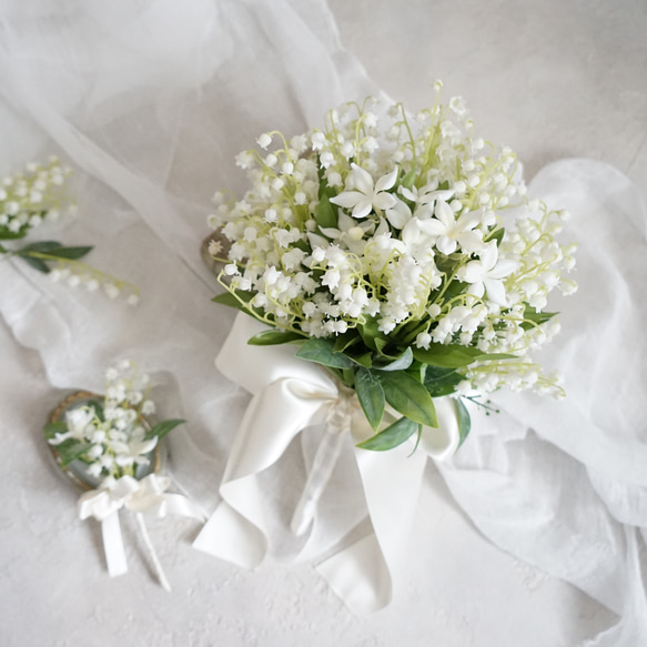 すずらんとジャスミンのウェディングブーケ&ブートニア　鈴蘭　スズラン　造花ブーケ　結婚式　ナチュラル 