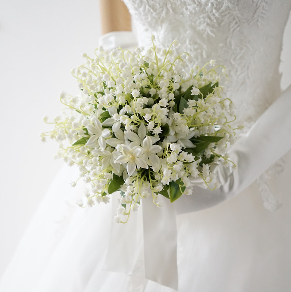 すずらんとジャスミンのウェディングブーケ&ブートニア　鈴蘭　スズラン　造花ブーケ　結婚式　ナチュラル 