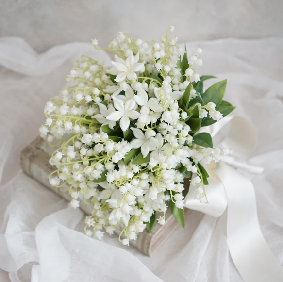 すずらんとジャスミンのウェディングブーケ&ブートニア　鈴蘭　スズラン　造花ブーケ　結婚式　ナチュラル 