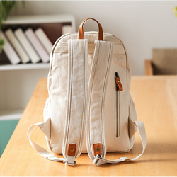 帆布 x 真皮背包，帶後袋，適用於筆記型電腦、防水、背包、媽媽包、刻名字背包 第9張的照片